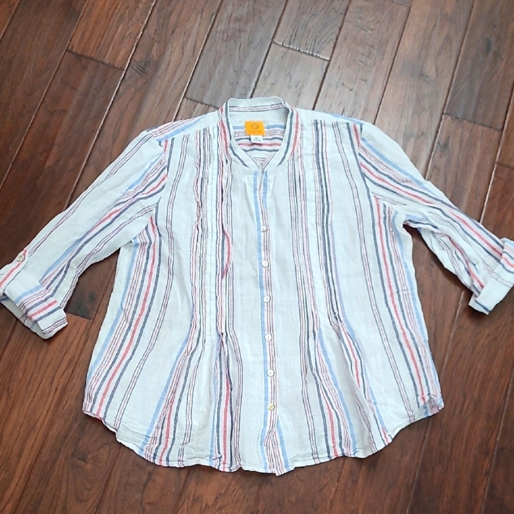 Ruby Rd White Blouse with Stripes of Blue, Red, & Silver Threading size XL